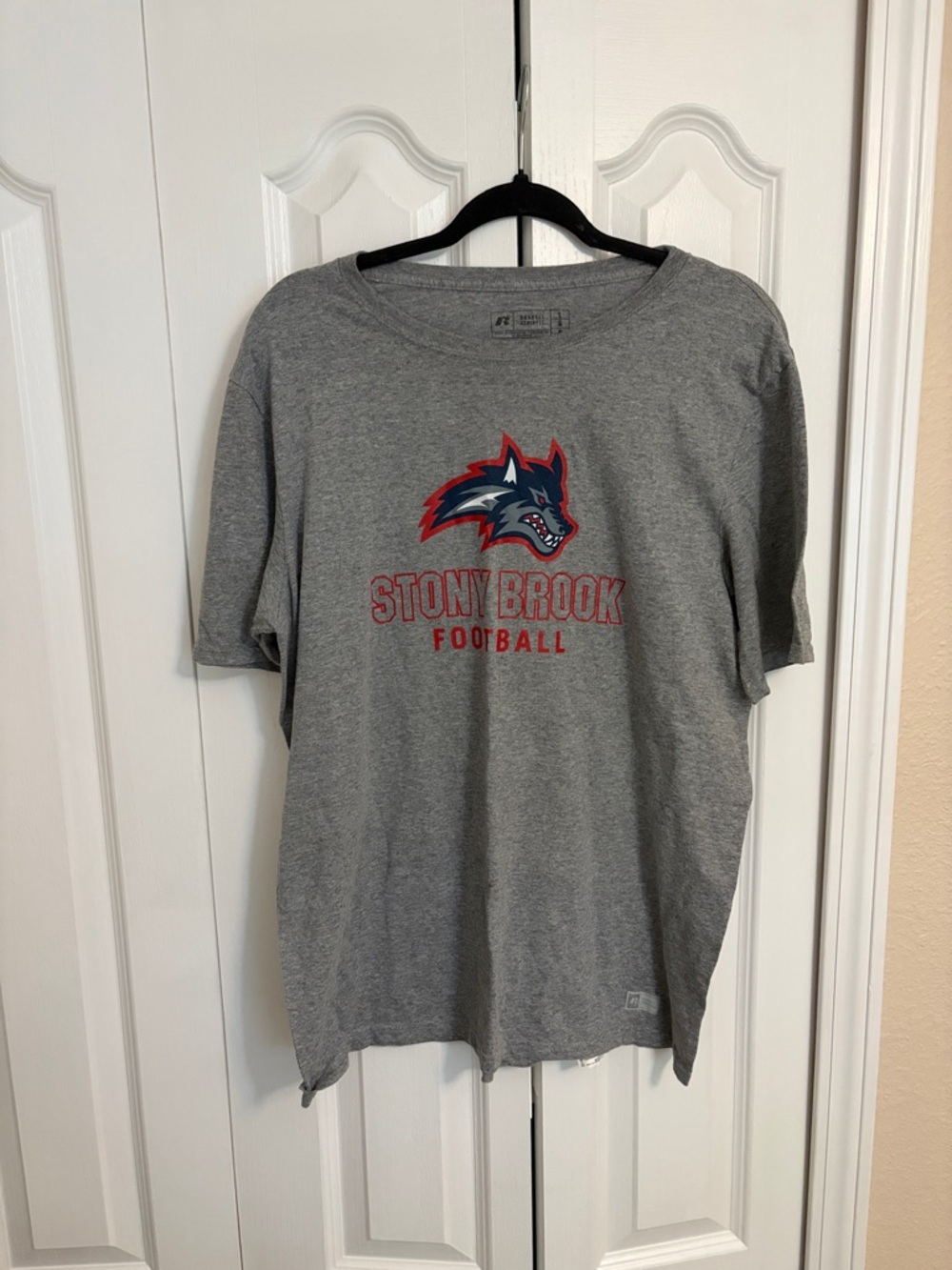 Russell Athletic Gray Stony Brook Football Tee with Red and Navy Logo